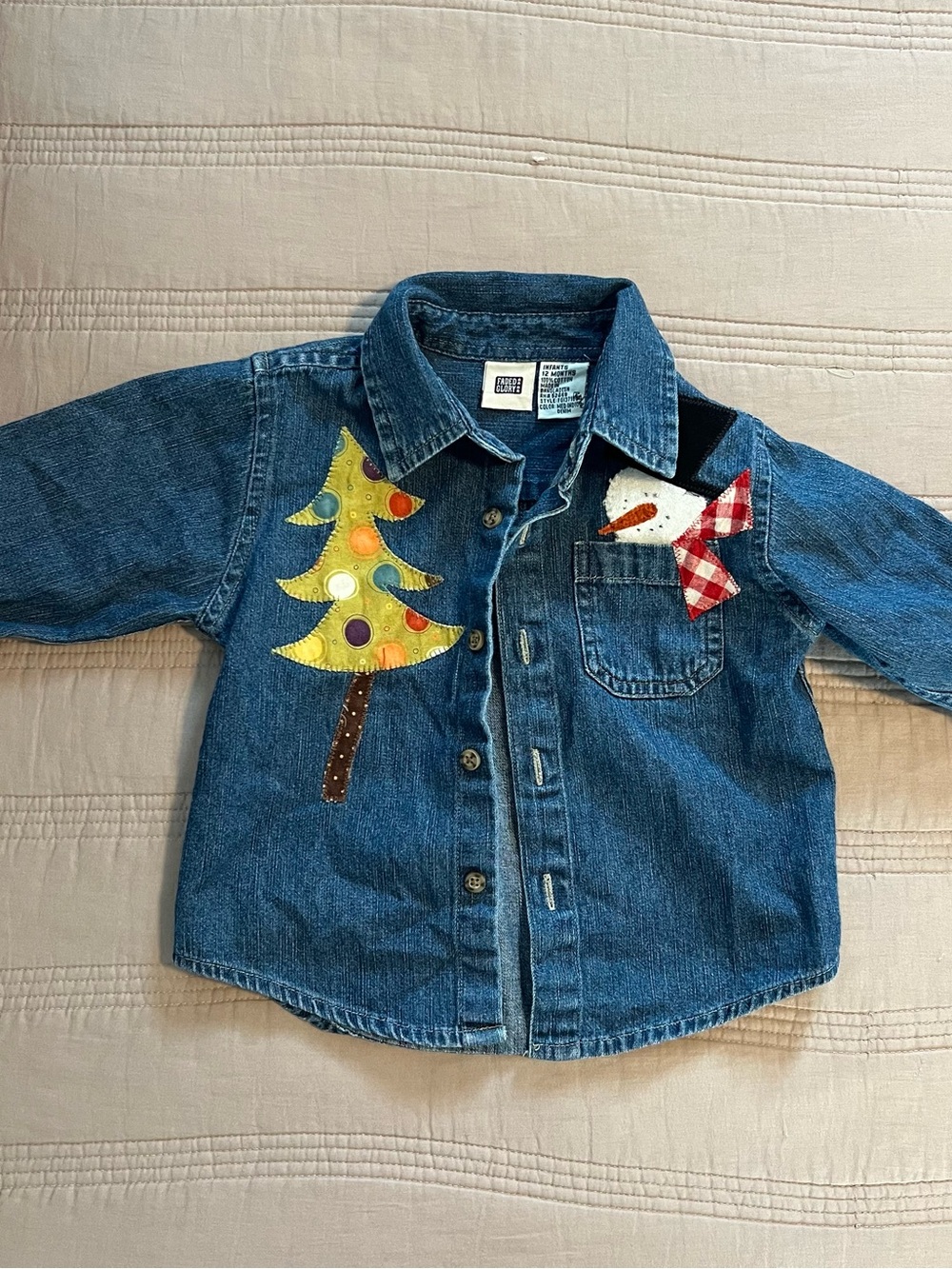 Faded Glory Blue Denim Shirt Jacket Christmas Tree & Snowman Appliqués